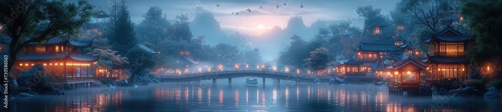 a tranquil river town with lantern-lit bridges, drawing from East Asian influences