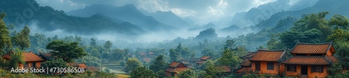 a tranquil mountain town with traditional Vietnamese houses, digital airbrushing © Tungbackground