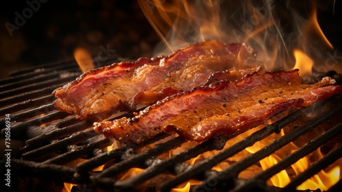 Сrispy bacon cooking over an open flame.