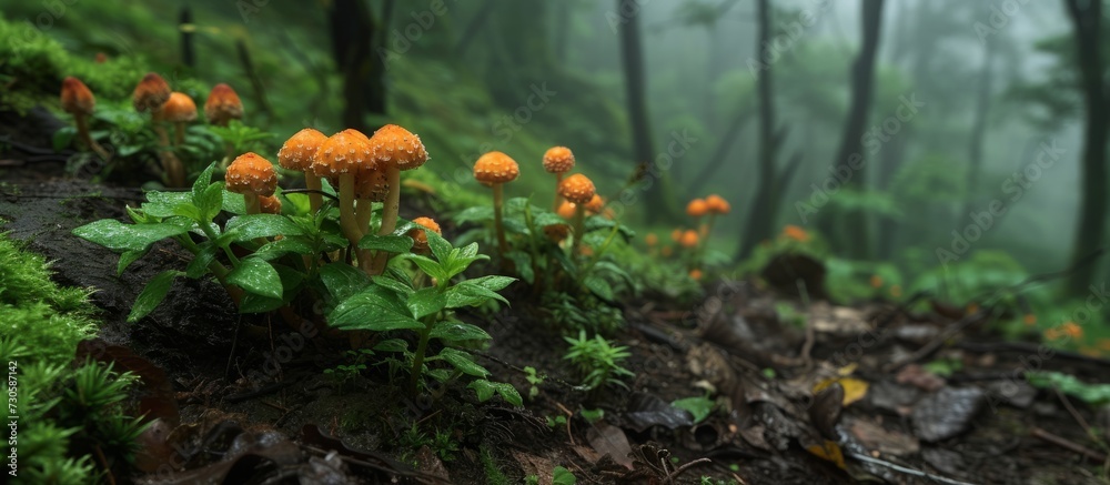Unidentified wild mushrooms sprout on forest floor in springtime Himalayas. Unidentified wild mushrooms sprout on forest floor in springtime Himalayas.