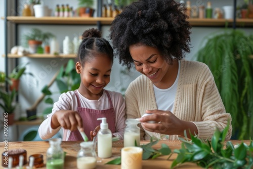 A african americam mother and her young daughter enjoy making natural soap together at home, surrounded by plants and homemade skincare products.