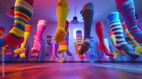At the center of the party a group of socks are attempting to recreate the iconic dance move from Dirty Dancing with one sock lifted into the air while the others chant nobody