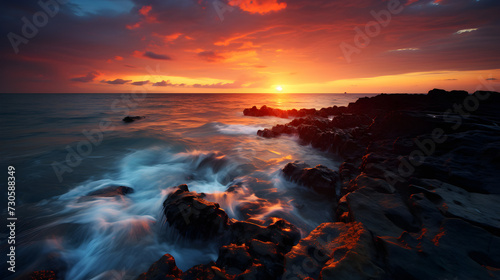 Dramatic sunset with warm colors and clouds over the ocean created with © Sana Ullah