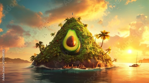 Cartoon scene As the sun sets over Avocado Island a group of tourists attempt to conquer the infamous Avocado Mountain where a giant rid avocado is rumored to reside. photo