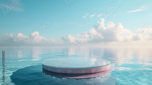 Abstract transparent round platform podium for cosmetic products. Glass circle presentation display stand on blue water and sky background  generative ai