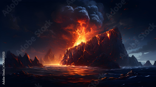 Stunning Stock Image of a Majestic Volcano on a Rocky Island with Lava and Lava Rising from the Ocea,, Fantasy alien planet. Mountain and lake. 3D illustration, Night fantasy landscape with abstract 