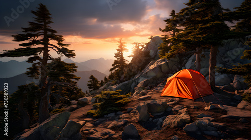 AI generated Group of friends sitting and enjoying beautiful mountain view. Camping, travel, holiday concept. Pro Photo,, Outdoor camping photo tent in the middle of nature beautiful landscape