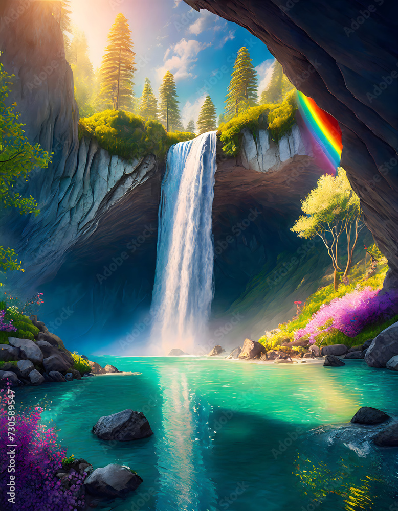 Fantastic Waterfall Scenery Illustration from Cave