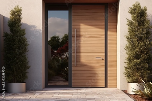 A contemporary entry way with a sturdy wooden door and minimalist design.