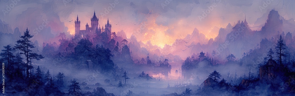 Castle towers in a fantasy kingdom, inked outlines, royal purples, fairy tale landscapes - obrazy, fototapety, plakaty 