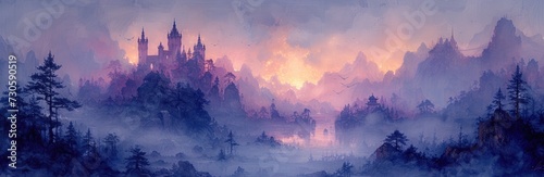 Castle towers in a fantasy kingdom, inked outlines, royal purples, fairy tale landscapes
