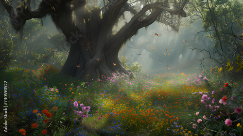 A serene enchanted forest clearing filled with a colorful array of wildflowers and mystical fog at dawn. 