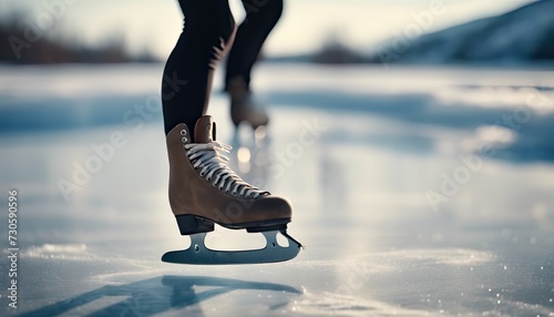 close up of a figure skater skates across a frozen lake, figure skater on frozen lake, frozen background © Gegham