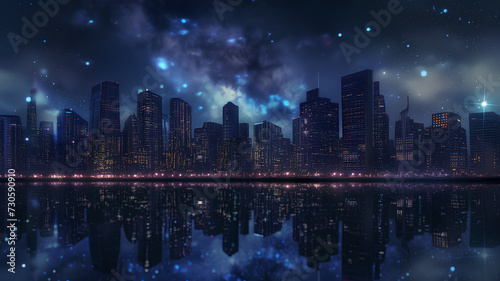 Digital artwork of a vibrant, futuristic city skyline under a starry night sky reflected on water. 
