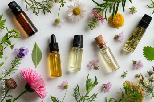 A collection of essential oil roller bottles amidst a variety of fresh herbs and flowers on a white background  showcasing a natural wellness theme.