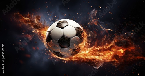 A soccer ball is being kicked forcefully, propelling it high into the air against a blue sky backdrop.