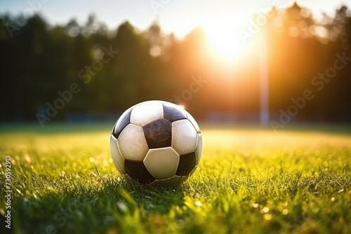 A soccer ball is sitting on top of a vibrant and well-maintained green field, ready for a game. © pham