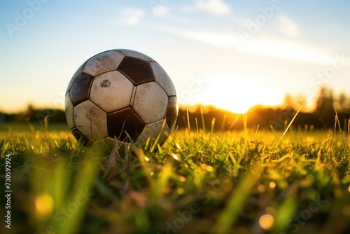 A soccer ball rests on top of a vibrant and well-maintained green field. © pham