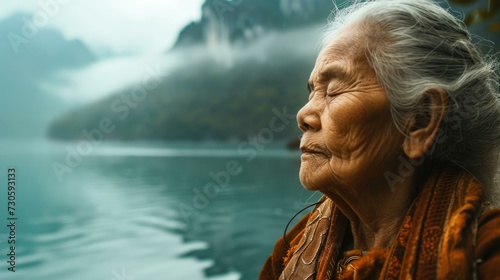 An elderly woman with her eyes closed looking at the water. Generative AI.