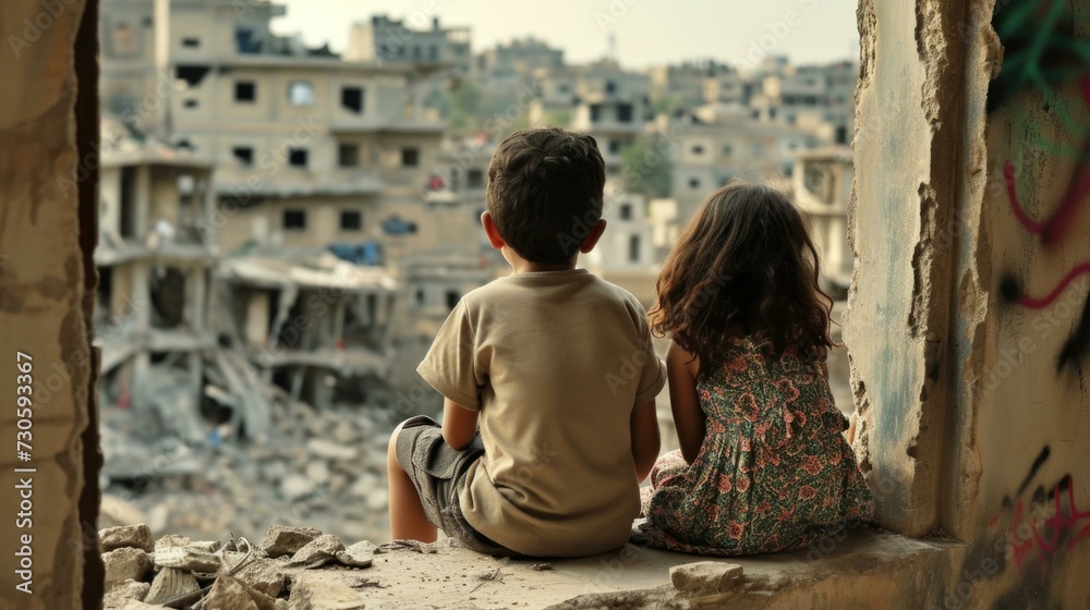 Two children sit on a window ledge looking out at a destroyed city. Generative AI.