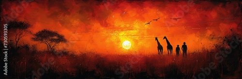 Giraffes in a safari sunset, inked outlines, warm orange tones, African savannah vistas © Tungbackground