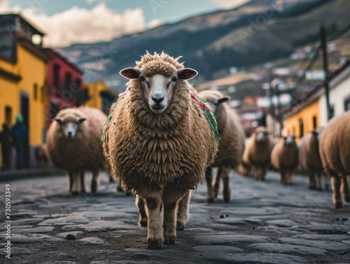A herd of sheep walking down a street. Generative AI.