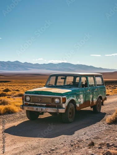 An old green truck is parked in the middle of nowhere. Generative AI.