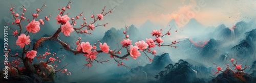 Oriental cherry blossoms in the moonlight, inked branches, soft pink hues © Tungbackground