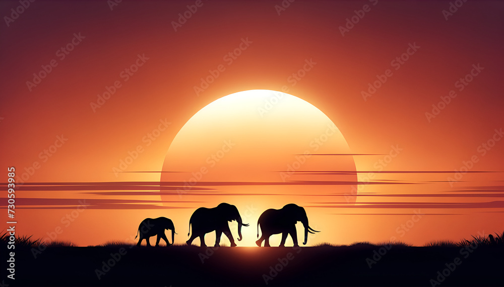 The tranquil beauty of an African elephant family trekking across the horizon at dusk, silhouetted by the sinking sun.
Generative AI.