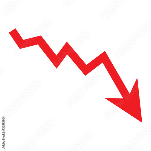 Red arrow pointing downwards showing crisis. Graph chart down icon. Realistic 3d vector illustration isolated on white background