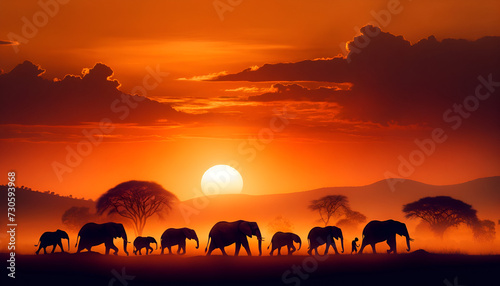 Captivating sunset scene featuring the outlined march of an elephant herd in the African wilderness. Generative AI.