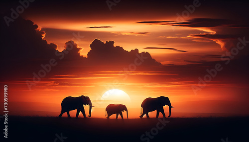 The tranquil beauty of an African elephant family trekking across the horizon at dusk  silhouetted by the sinking sun. Generative AI.