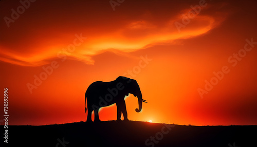 The tranquil beauty of an African elephant family trekking across the horizon at dusk, silhouetted by the sinking sun. Generative AI.