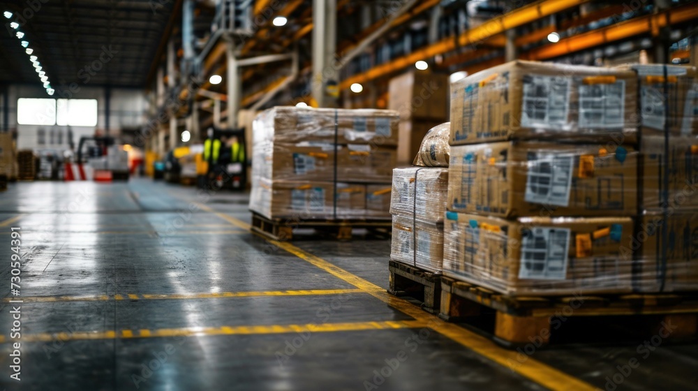 A warehouse with boxes and pallets on the floor. Generative AI. A warehouse with boxes and pallets on the floor. Generative AI.