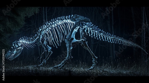 An eerie photograph of a large dinosaur skeleton taken at night with strategically p lighting to create a haunting atmosphere.