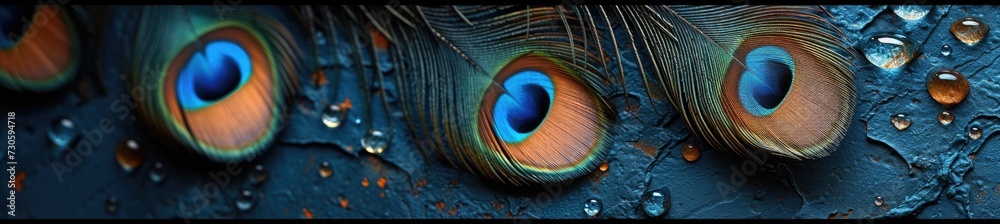 Fototapeta premium vibrant peacock feathers on a vintage surface