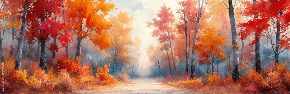 Vivid autumn leaves in a forest glade, watercolor lines, warm fall tones