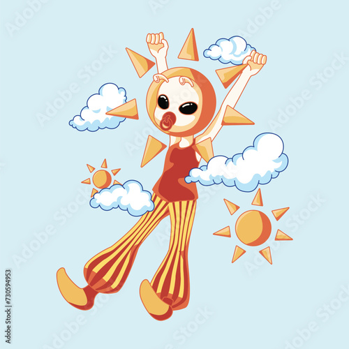A boy wearing a red clown costume is frolicking in the sky