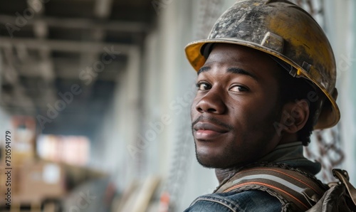 An african american man wearing a hard hat and a hard hat. Generative AI.