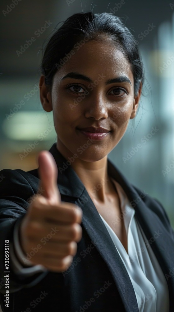 A woman in a business suit giving the thumbs up. Generative AI. A woman in a business suit giving the thumbs up. Generative AI.