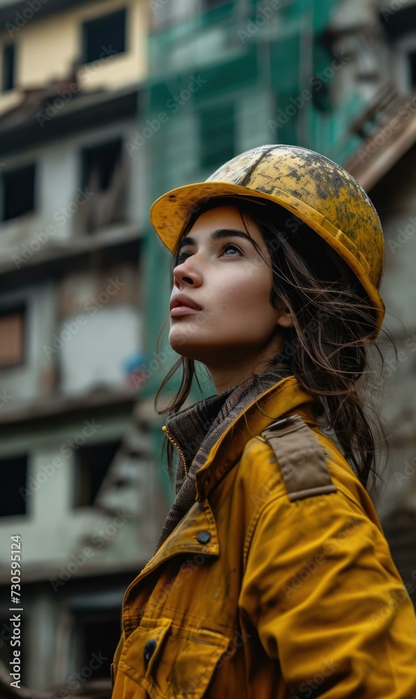 A woman in a hard hat standing in front of a building. Generative AI.