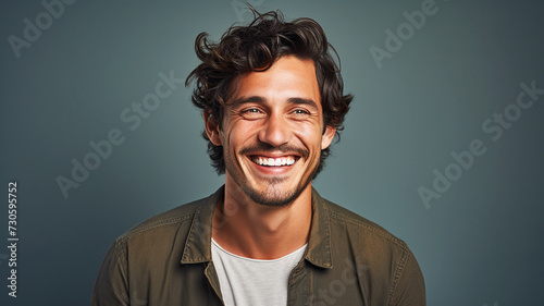Happy smiling young adult man on a solid background photo
