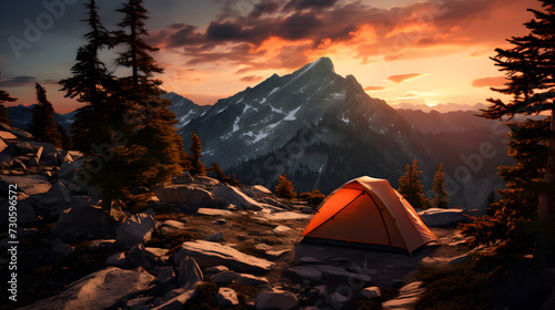 Camping in the mountains,, The tourist camping tent is on mountains at sunset time with Free Photo