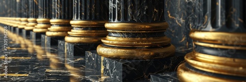 3D Rendering Black and Gold Corridor Pillars, Columns Outside the Supreme Court in Washington, D.C., Featuring Marble Accents photo