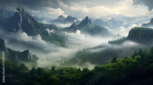 Create a fantasythemed image of a misty ,, Rocky mountain with cloud scape background. Pro Photo