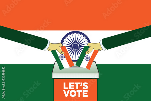 "Let's Vote" vector design Ballot Box with two hands and an Indian Flag. India General Election 2024 Concept on an Indian Flag. Ideal for use in campaign posters and banners. EPS Editable Format.