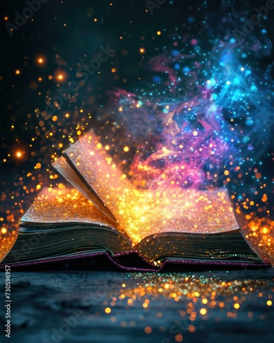 An open book with glowing magic sparks. Generative AI.