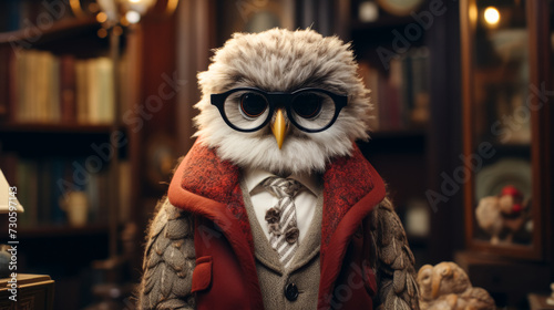 Visualize a sophisticated owl in a chic tweed blazer, paired with a leather messenger bag and vintage round glasses. Amidst shelves of antique books, it exudes intellect and refinement. Mood: studious