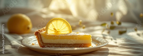 A slice of lemon cheesecake on a plate. Generative AI. photo