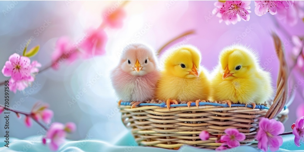 Adorable Fluffballs, Chicks Nestled in a Basket, Captured in a Bright and Colorful Photo, Radiating Warmth and Cheer.